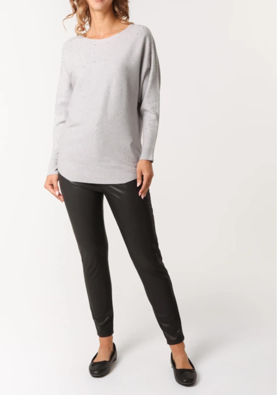 Grey Diamante Embellished Batwing Long Sleeve Jumper