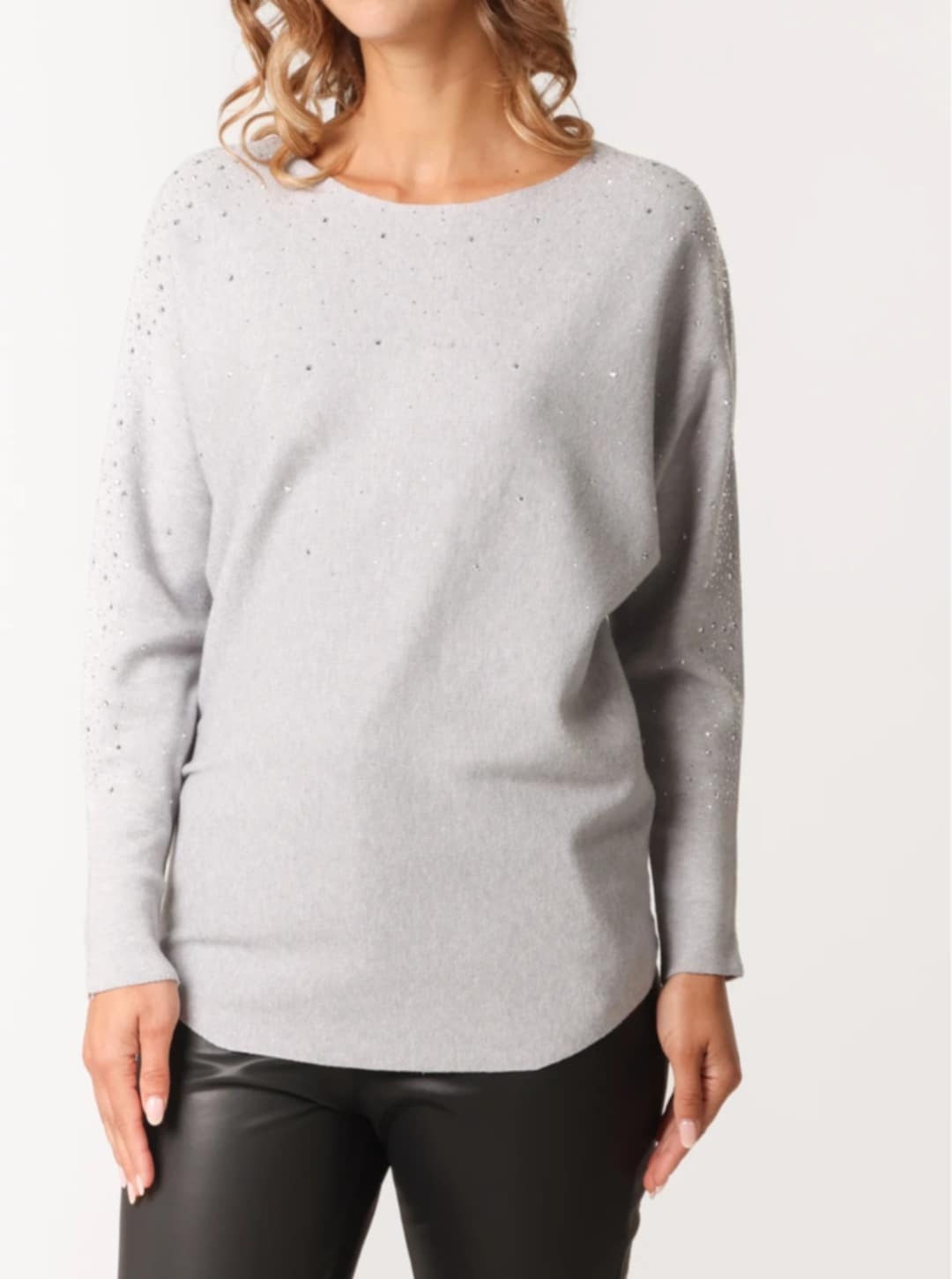 Grey Diamante Embellished Batwing Long Sleeve Jumper