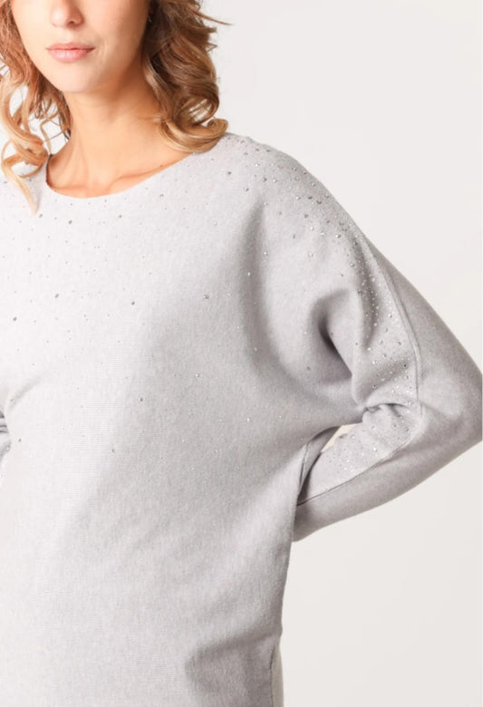 Grey Diamante Embellished Batwing Long Sleeve Jumper